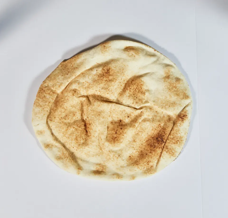 One pocket pita from above, toasted in spots by the oven