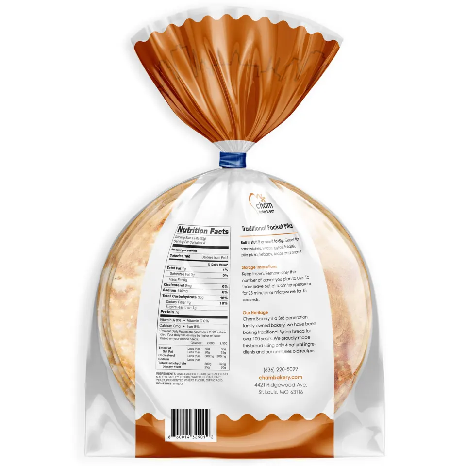 The back of the Whole Wheat Pocket Pita package, with the nutrition panel and ingredients