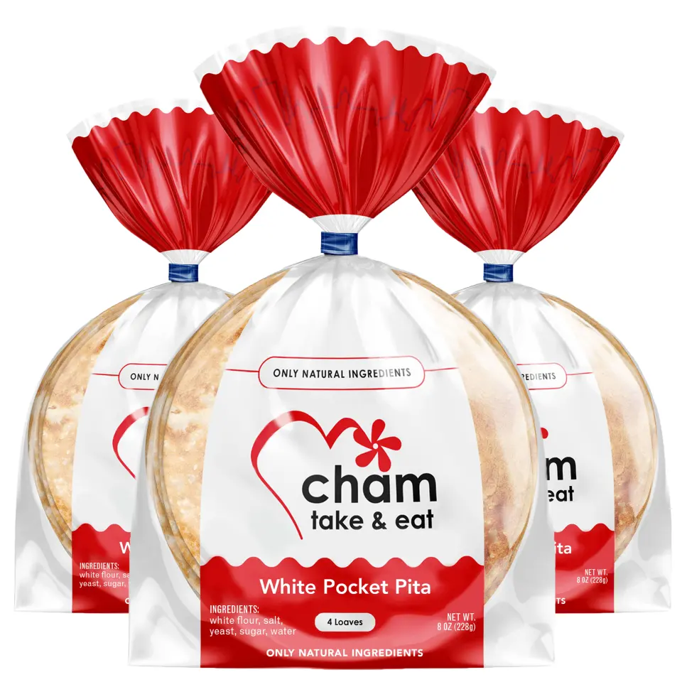 Three bags of Cham white pocket pita side by side