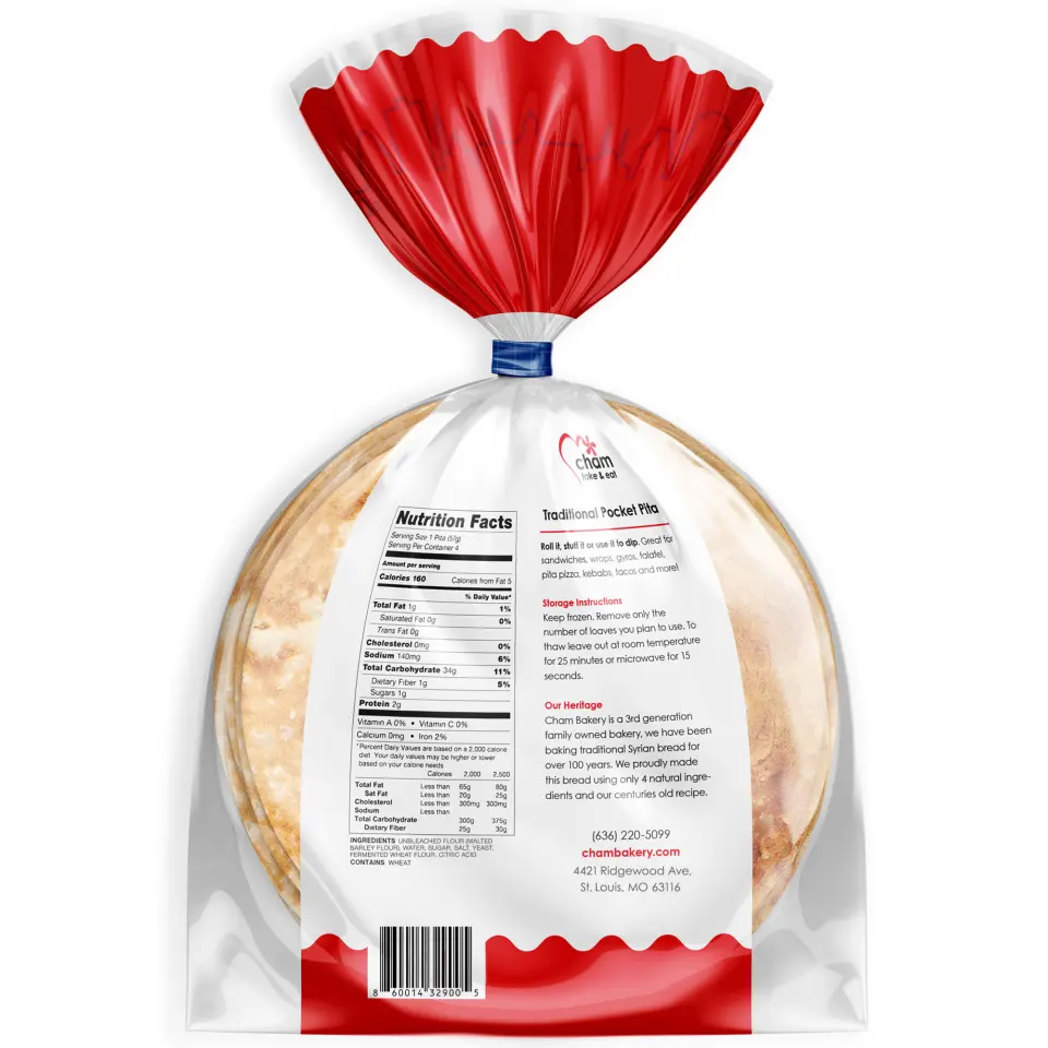 The back of the White Pocket Pita package, with the nutrition panel and ingredients